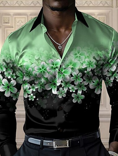  Herren Blumen Lässiges Hemd Knopfhemd Langarm Brautkleider schlicht Party Geschenk Casual Frühling Herbst Umlegekragen Knopf hoch Gelb Blau Purpur Grün Grau
