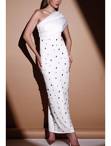  Vestido de noche elegante con escote en forma de tubo o columna, para invitados de boda, largo hasta el suelo, sin mangas, con un hombro al descubierto, en mezcla de algodón y con diamantes de