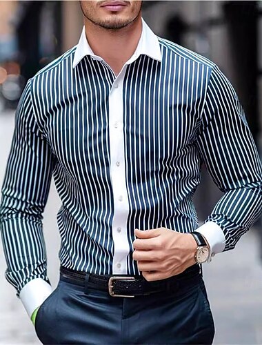  Men's Summer Shirt Casual Shirt Beach Shirt Collared Shirt Button Up Shirt Striped Shirts Black Blue Purple Brown Green Long Sleeve Stripe Lapel Vacation Holiday Button-Down Clothing Apparel Polyester