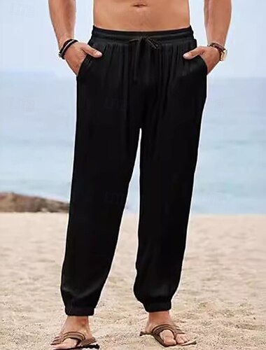  Herren Jogginghose Jogger Leinenhose Hose Hosen Sommerhosen Strandhose Kordelzug Elastische Taille Glatt Komfort Atmungsaktiv In voller Länge Outdoor Täglich Festtage Urlaub Modisch Schwarz Weiß