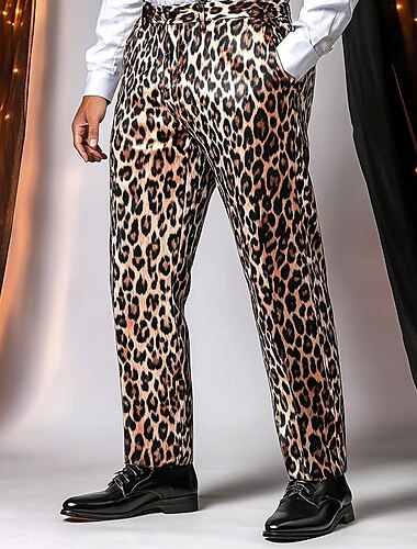  Herr Leopardtryck Kostymbyxor Långbyxor Medium Midja Ledigt Vintage retro Helgdag Streetwear Pappas dag presenter Byxor med raka ben Platt-Front Sommar Vår Höst 3D-tryck Gul