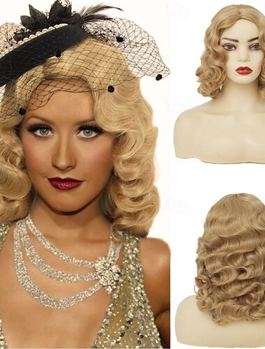  Blonde fingerbølge parykker til kvinder 1920'erne mellem længde side skilt naturlig flapper paryk syntetisk varmeresistent hår paryk til vintage daglig fest Halloween-parykker
