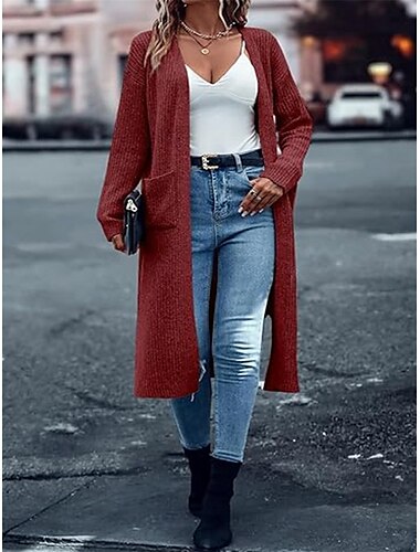  Dames Trui Vest Elegant Modieus Streetwear Heldere kleur V-hals Zak Gebreid Lange mouw Normale tops breien Buiten Dagelijks Weekend Rode Wijn Marineblauw Herfst Winter