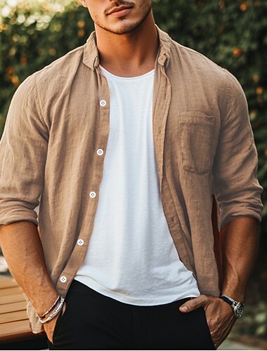  Herren Hemd leinenhemd Sommerhemd Strandhemd Feste Farbe Outdoor Urlaub Schwarz Grün Khaki Grau Langarm Umlegekragen Frühling & Herbst Bekleidung Button-Down