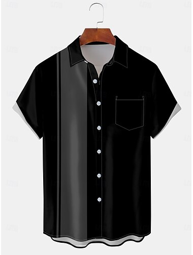  Herren Farbblock Linie Bowlinghemd Knopfhemd Kurze Ärmel Künstlerisch Lässig Bequem Outdoor Urlaub Straße Frühling & Sommer Hemdkragen Drucken Schwarz