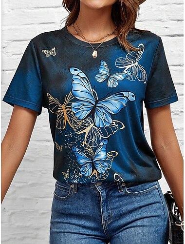  Femme T shirt Papillon Décontractées Manche Courte Col Rond Hauts réguliers du quotidien Imprimer Bleu Eté