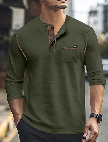  Herren T Shirt Henley Shirt Tee T-Shirt langarmshirt Langarm Farbblock Modisch Designer Basic Patchwork Henley Urlaub Strasse Ausgehen Frühling & Herbst Dunkel Braun Wein Schwarz Henley T-Shirt
