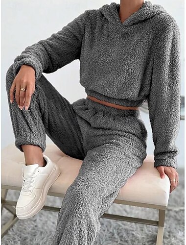 نسائي مجموعة بيجامات دافئ كاجوال مريح لون سادة مرونة الخصر Pullover بنطال المنزل مناسب للبس اليومي كم طويل وردي بلاشيهغ كاكي رمادي الخريف الشتاء عادي