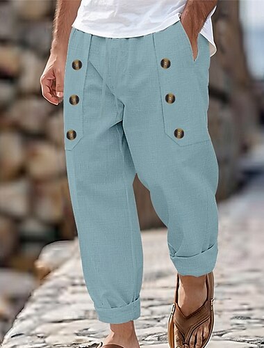  Herren Leinenhose Hose Hosen Sommerhosen Strandhose Gurkha-Hose Knopf Kordelzug Elastische Taille Glatt Komfort Atmungsaktiv In voller Länge Casual Täglich Festtage Klassicher Stil Retro Vintage