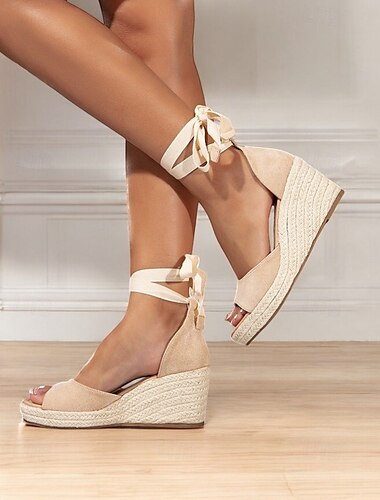  Beige Espadrille-Keilsandalen mit Knöchelriemen für Damen, offene Sommerschuhe für Strand, Freizeit und Urlaub