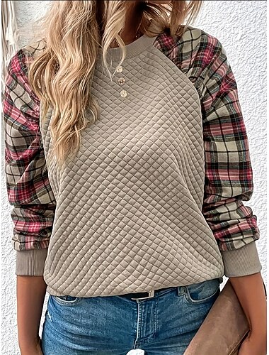  Sweatshirt für Damen, lässig, kariert, Streetstyle, Alltagskleidung, Rundhalsausschnitt, bedruckt, langärmelig, rosa, braun, beige, Herbst, Winter