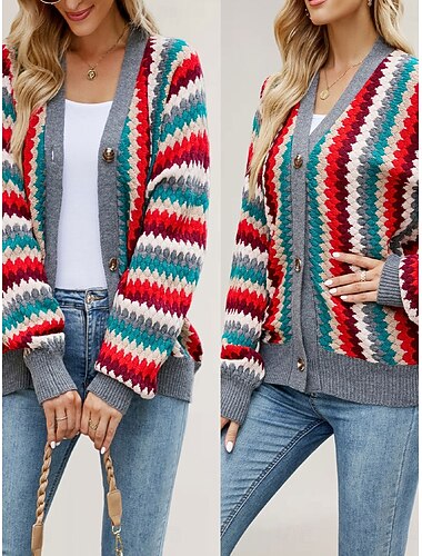  Dames Trui Vest Elegant Modieus Streetwear Gestreept V-hals Knop Gebreid Lange mouw Normale tops breien Buiten Dagelijks Weekend Grijs Herfst Winter