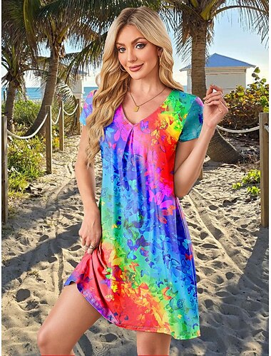  Femme Mini robe Robe casual Mini-robe Robe t-shirt Robe Droite Soirée mode Décontractées Vacances Plage Standard A Ombre Manche Courte Col V Arc-en-ciel Eté Printemps