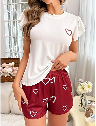  Damen Schlafanzug Set Brautkleider schlicht Komfort Herz Elastische Taille T Shirt Kurze Hosen Heim Valentinstag Täglich Kurzarm Rundhalsausschnitt Rote Sommer Frühling Regular Fit