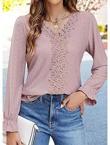  Damen Hemd Bluse Feste Farbe Basic Brautkleider schlicht Langarm V Ausschnitt Normale Oberteile Täglich Spitze Patchwork Weiß Rosa Grün Frühling Herbst