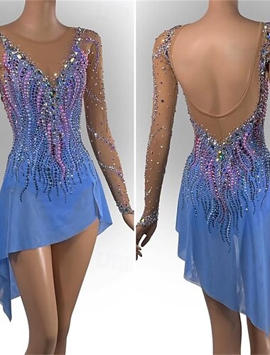  Eiskunstlaufkleid Damen Mädchen Eislaufen Kleid Himmelblau Offener Rücken Netzstoff Spandex Hohe Elastizität Training Wettbewerb Eiskunstlaufkleidung Klassisch Kristall / Strass Langarm Eislaufen