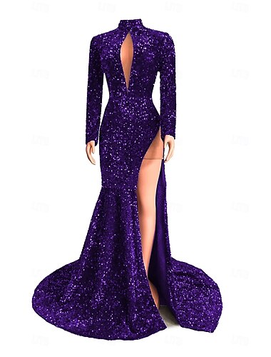  Mermaid  Trompeten Abendkleid elegantes Kleid Aufführungsabendparty Hofschleppe lange Ärmel hoher Kragen afroamerikanische Pailletten mit Pailletten