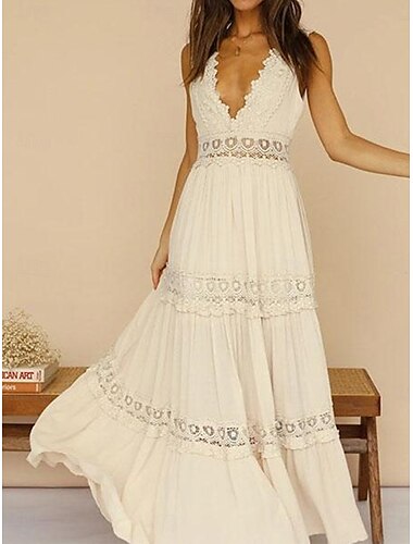  Damen Maxikleid Weißes Kleid Spitzenkleid Boho-Kleid Streetwear Strand Normale Passform Einfarbig V Ausschnitt Weiß Sommer