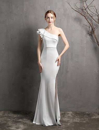  Vestido de noche sirena/trumpet elegante vestido formal de boda longitud de suelo sin mangas un hombro crepé elástico con perlas y volantes 2025