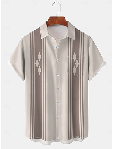  Herren Farbblock Linie Bowlinghemd Knopfhemd Kurze Ärmel Künstlerisch Lässig Bequem Outdoor Urlaub Straße Frühling & Sommer Hemdkragen Drucken cremefarben