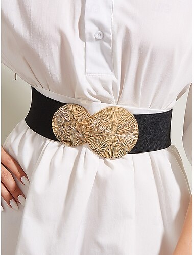  Cinturón elástico para mujer con hebilla circular dorada: cinturón elástico ancho y moderno para vestidos, ocasiones informales y formales