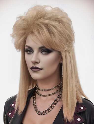  80er Perücke mit Pony für Frauen Mullet Disco Männer Frauen Perücke Lange Lockige Frauen Perücken für Männer Damen Hippie Rocking 80er 90er Them Party Cosplay Kostüm Hitze Beständige Haare Für