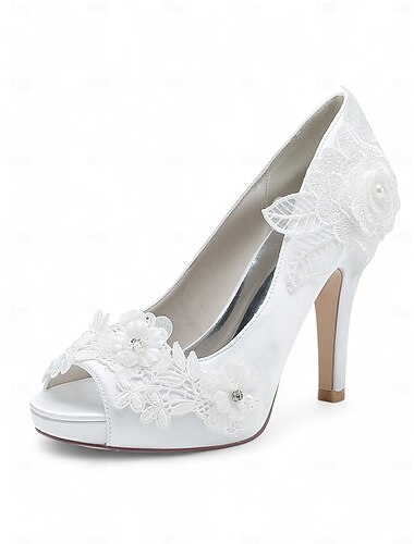  Damen Satin Peep-Toe Hochzeitsschuhe mit floraler Spitzenapplikation und Perlenverzierung – elegante Brautschuhe für Hochzeiten und formelle Anlässe