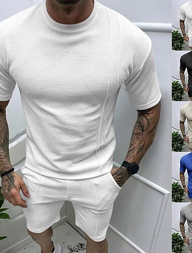  Hombre Camisa de gofres 2 Piezas Trajes de camiseta Tee Manga Corta Pantalones cortos Cuello Barco Primavera verano Color sólido Activo Moda Básico 2 Piezas Vacaciones Calle Noche Negro Gris Blanco