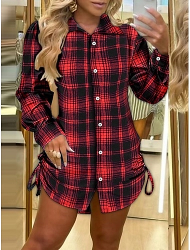  mini abito da donna con colletto a camicia a quadri manica lunga estate primavera