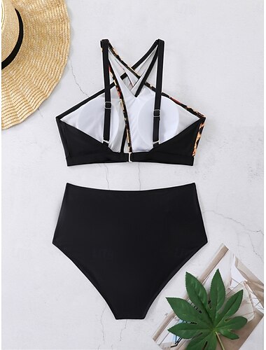  Damen Badeanzug Bikinis 2 Stück Unterhosen Bademode Rückenfrei Ausgeschnitten Schlank Hoch tailliert Urlaub Strandbekleidung Leopard V Ausschnitt Ärmellos Badeanzüge