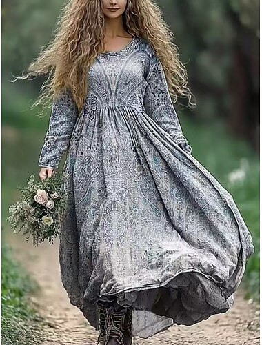  Damen Boho Kleid Blumen V-Ausschnitt Maxikleid Vintage Kleid Print Kleid Mode Modern Sommer Frühling