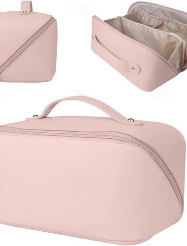  Trousse de maquillage de voyage de grande capacité, organisateur de maquillage en cuir PU à la mode, trousse de toilette portable avec poignée pour le voyage et le rangement