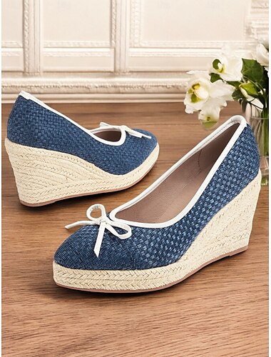  comfortabele casual blauwe gevlochten wedge one-step schoenen voor dames met strik, perfect voor casual uitjes, strand en vakantie