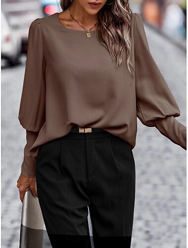  Women's Shirt Blouse Solid Color Business Modern Casual Long Sleeve Crew Neck Regular Tops Work Formal Wear Black Army Green Brown Summer Spring