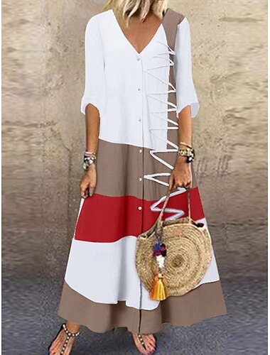  Damen Farbblock V-Ausschnitt Maxikleid Halbarm Sommer