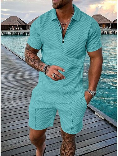  Herren Reißverschluss-Polo Tee-Set 2-teiliges Sommer-Trainingsanzug-Set T-Shirt und Shorts Kurzarm Polokragen Lässig Reißverschluss Lässig Täglich Zitronengelb Rosa Schwarz Top T-Shirt für Herren