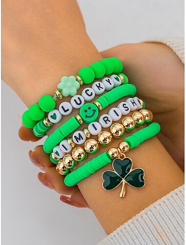  αγ. Patrick's day τυχερό γούρι βραχιόλια – ιρλανδικό σετ βραχιόλι με πράσινες χάντρες ελαστικό για γυναίκες, εορταστικά αξεσουάρ διακοπών με τριφύλλι και λεπτομέρειες επιστολών