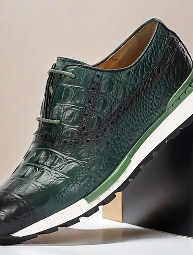  Herren-Sneaker aus hochwertigem Rindsleder mit Krokoprägung und grünen Akzenten – stylisches Casual- und Sport-Schuhwerk