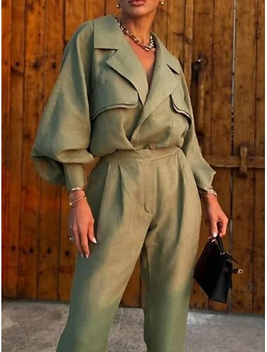  Damen Modisch Strassenmode Täglich Hemd Hose mit weitem Bein Langarm Hemdkragen Glatt Formal B¨¹ro Grün Herbst Regular Fit