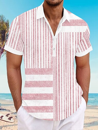  Men's Geometic Casual Shirt Button Up Shirt Short Sleeve Casual Causal Casual Summer Spring V Neck Buttons Pink Blue Green