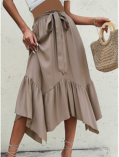  Damen Rock A-Linie Modisch Brautkleider schlicht Maxi Hoher Taillenbund Röcke Glatt Rüsche Mikro-elastisch Strasse Täglich Khaki Sommer Polyester