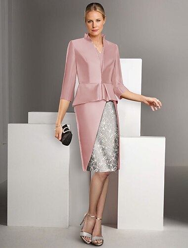  Zweiteiliger Sheath  Column Kleid Sets Brautmutterkleid Elegantes Vintage V-Ausschnitt Knie-Länge Satin Glitter Spitze 3/4 Länge Ärmel mit Spitzen-Applikationen Derby Kleid Renntag Kleid 2025