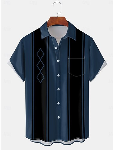  Herren Farbblock Linie Bowlinghemd Knopfhemd Kurze Ärmel Künstlerisch Lässig Bequem Outdoor Urlaub Straße Frühling & Sommer Hemdkragen Drucken Blau
