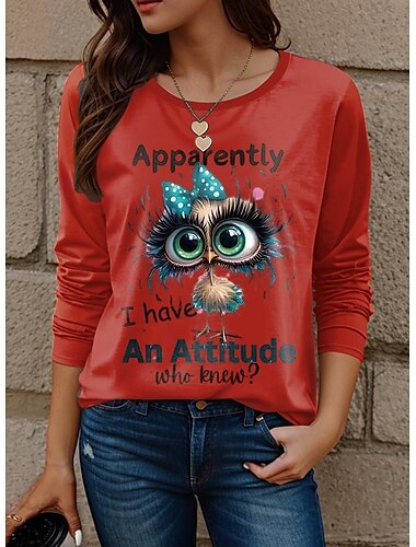  Damen T Shirt Tiermotiv Buchstabe Mode Modern Lässig Langarm Rundhalsausschnitt Normale Oberteile Täglich Wochenende Druck Schwarz Weiß Gelb Rote Himmelblau Herbst Winter