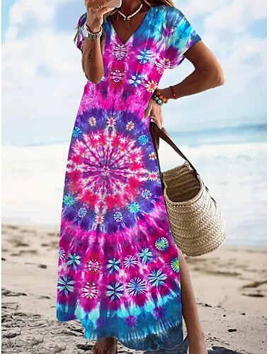 Robe Maxi Femme Robe Décontractée Robe D'été Robe Shift Chic Décontractée Épaule Tombante Vacances Quotidien Coupe Régulière Fleurie Manche Courte Col V Violet Printemps Automne