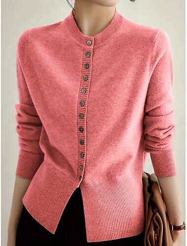  Femme Pull Chandail Gilet Cardigan Décontractées Flexible Couleur monochrome A côtes Mao Boutons Tricoté manche longue Hauts réguliers Tricoter Extérieur du quotidien Fin de semaine Rose Claire