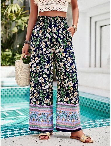  Damen Breites Bein Chinesisch Chino Vintage Ethnischer Stil Ethnisch In voller Länge Hoher Taillenbund Blumen Tasche Elastischer Bund Bequem Weich Komfortabel Mikro-elastisch Outdoor Strasse