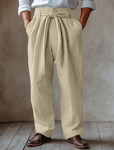  Homme Pantalon en lin Pantalon pantalon été Cordon Taille elastique Jambe droite Plein Confort Respirable Toute la longueur Extérieur du quotidien Plage Mode Vêtement de rue Noir Blanche