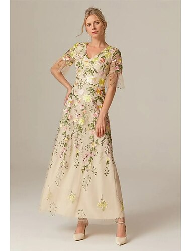  A-Linie Kleid Knöchellänge Partykleid Cocktailkleid Kleid für Hochzeitsgäste Brautmutterkleid Kurzarm V Ausschnitt Elegant Vintage Formell Tüll mit Stickerei Applikationen Blume
