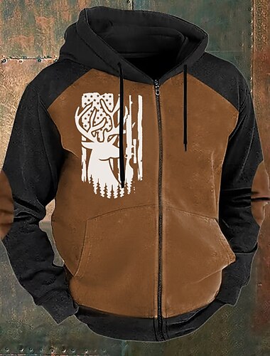  Herren Amerikanische US-Flagge Hirsch Hoodies Hoodie Sweatshirt Kapuze Sweatshirt mit Kapuze Mit Kapuze Modisch 3D-Druck Urlaub Jagd Schwarz Braun Zip Kordelzug Herbst Winter Designer